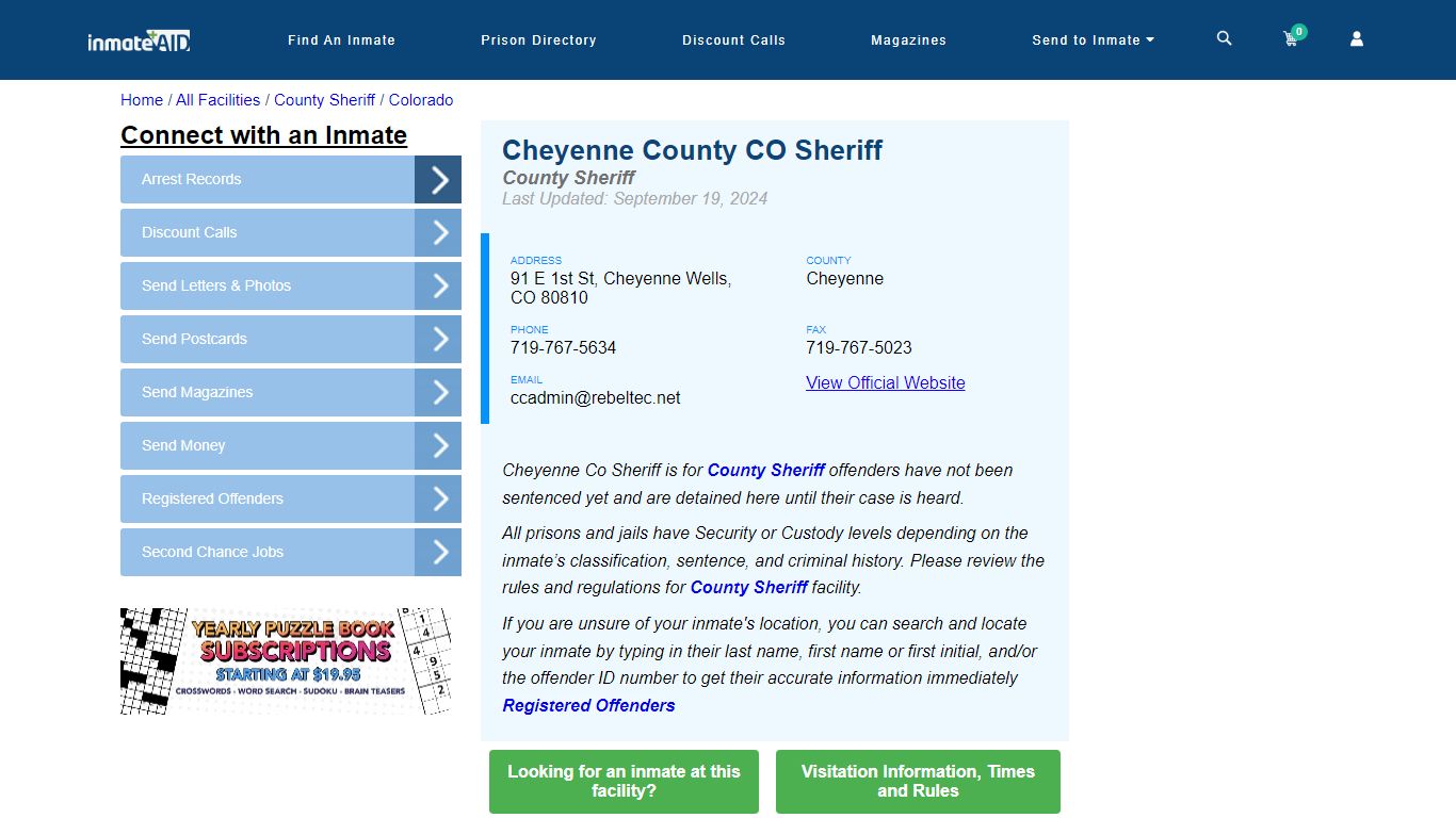 Cheyenne County CO Sheriff | Arrest Records - InmateAid